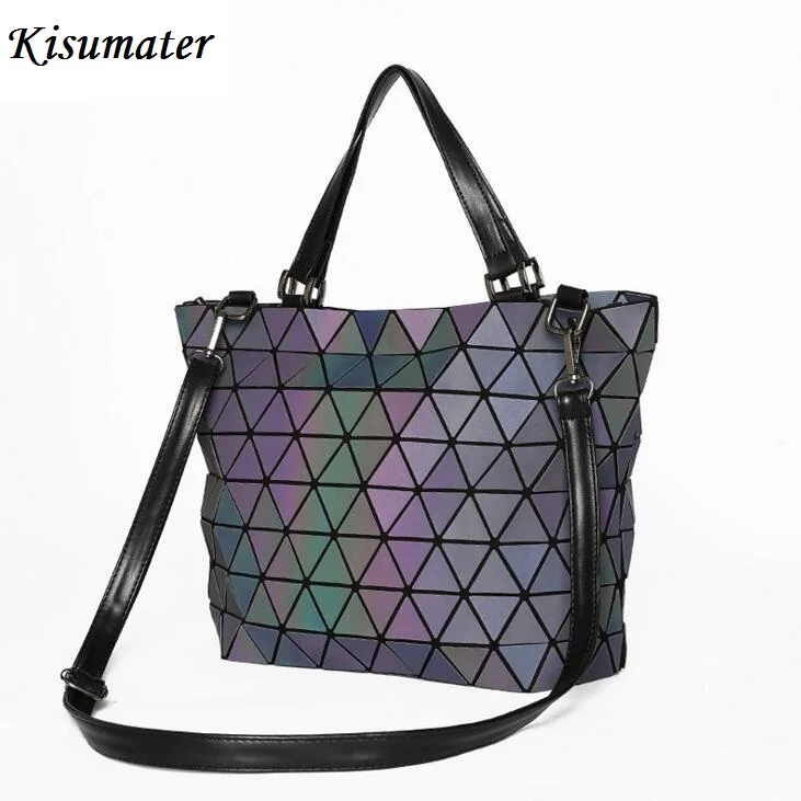 

Kisumater Luminous Bag Women Geometry Sequins Mirror Plain Folding Bags Matt Color Casual totes female handbag baobao bag