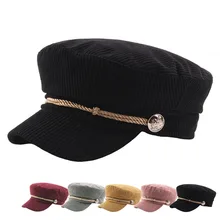 Autumn and Winter Corduroy Hat Military Cap Women Stripe Flat Top Military Cap Black Solid Color Beret Caps Rope Decorative