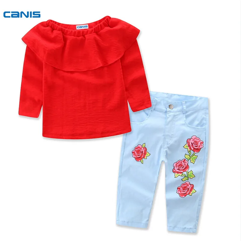 

Toddler Infant Kids Baby Girl Long Sleeve Off Shoulder Blouse Red T-Shirt Tops+Floral Denim Jeans Pants Clothes Outfit Set 1-7T