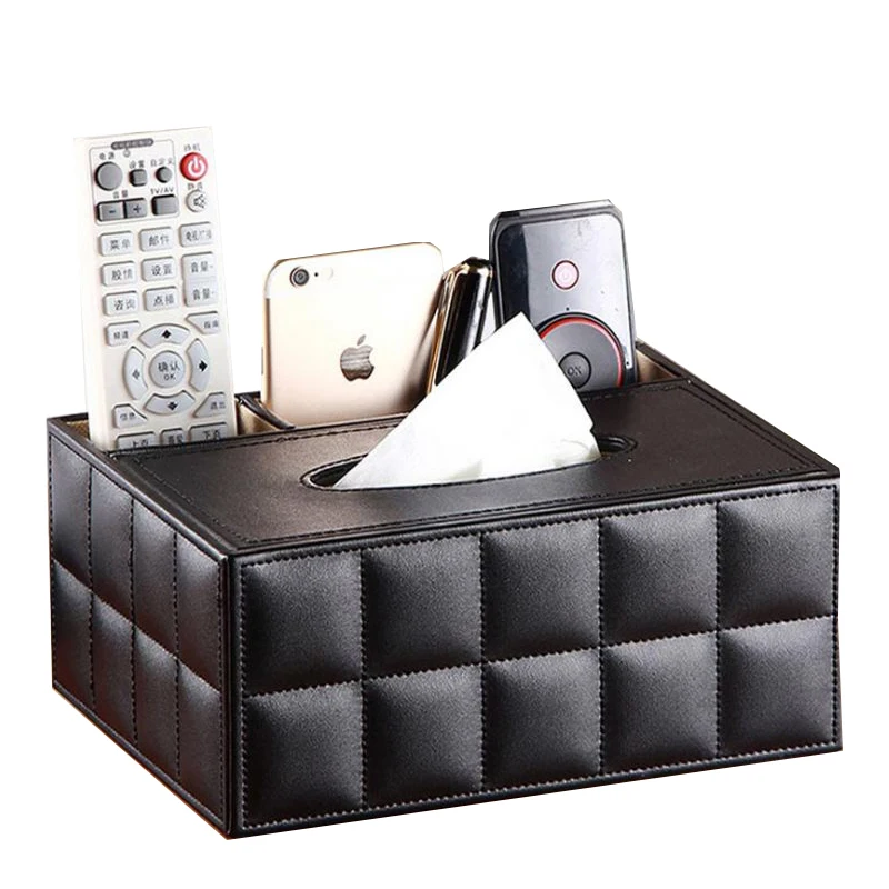 MICCK Tissue Box PU Leather Multifunctional Napkin Phone Remote control holder wooden Storage Box Desk organizer Container