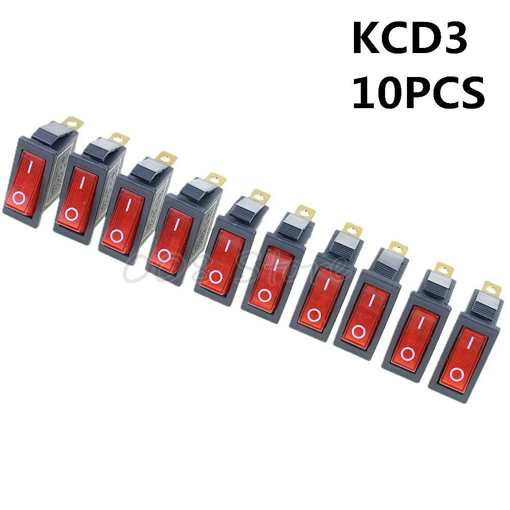 10 Pcs 3 Pin SPST Red Neon Light On/Off Rocker Switch AC 250V/10A 125V/15A N6D2 