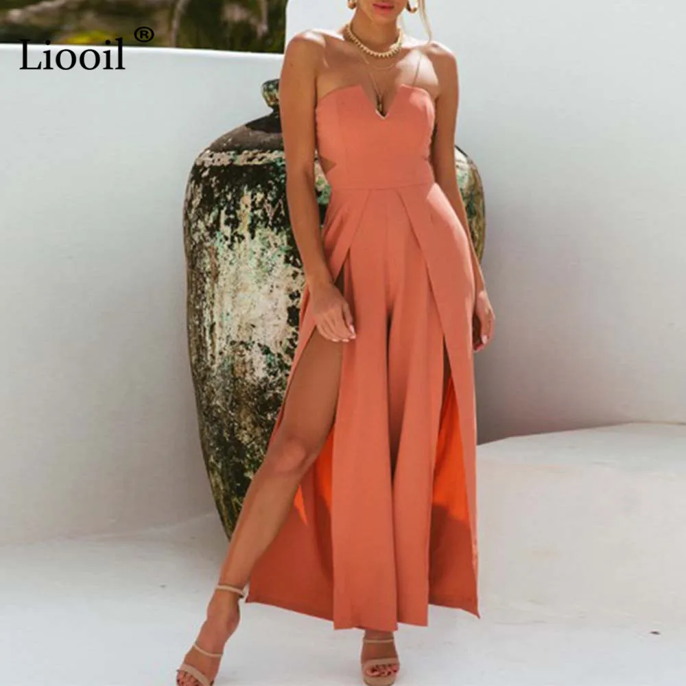 

Liooil Sexy Strapless Split Jumpsuits For Women 2019 Summer Hollow Out Black Jumpsuit Backless Party Rompers Womens Jumpsuit