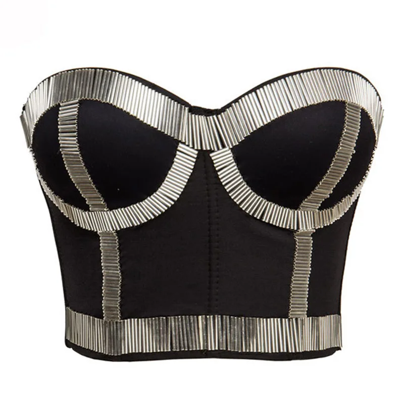 

Silver Beaded Party Nightclub Wear Punk Rock Rave Super Push Up Women Bra Gothic Bras For Women Sexy Bralette Top Crop Brassiere