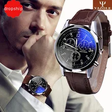 Splendid New Luxury Fashion Faux Leather Men Blue Ray Glass Quartz Analog Watches Casual Cool Watch