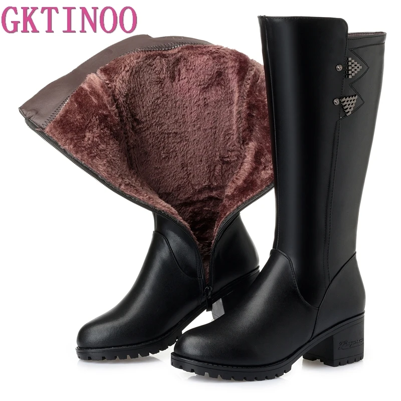 

GKTINOO Women's Winter Shoes Genuine Leather Knee High Boots High Heels Women Shoes Women Plush Warm Winter Boots Plus Big Size