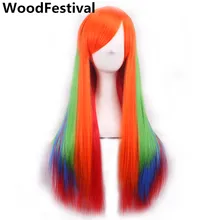 WoodFestival Радуга Хэллоуин Многоцветный длинный прямой парик для косплея женщин термостойкие синтетические парики с челкой