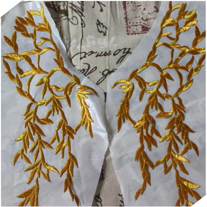 

YACKALASI 1 Pair Gold Flower Lace Applique Collar Trims Mirror Pair Iron On Embroidered Patches 63CM Long