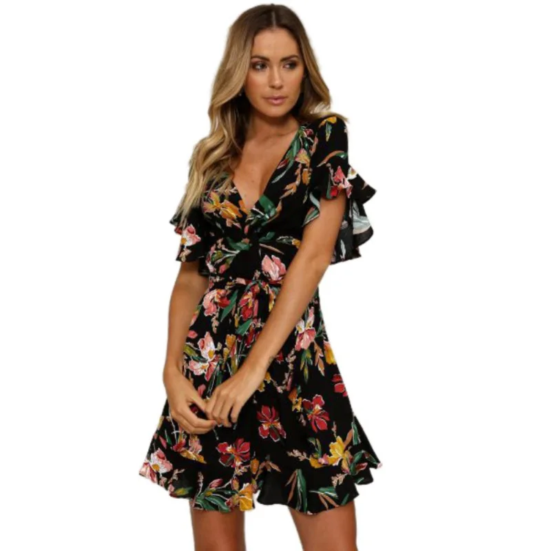 

Women Mini Dress Summer Clothes Beach Vintage Chiffon Dress Print Multi Color Elegant Dress New 2018