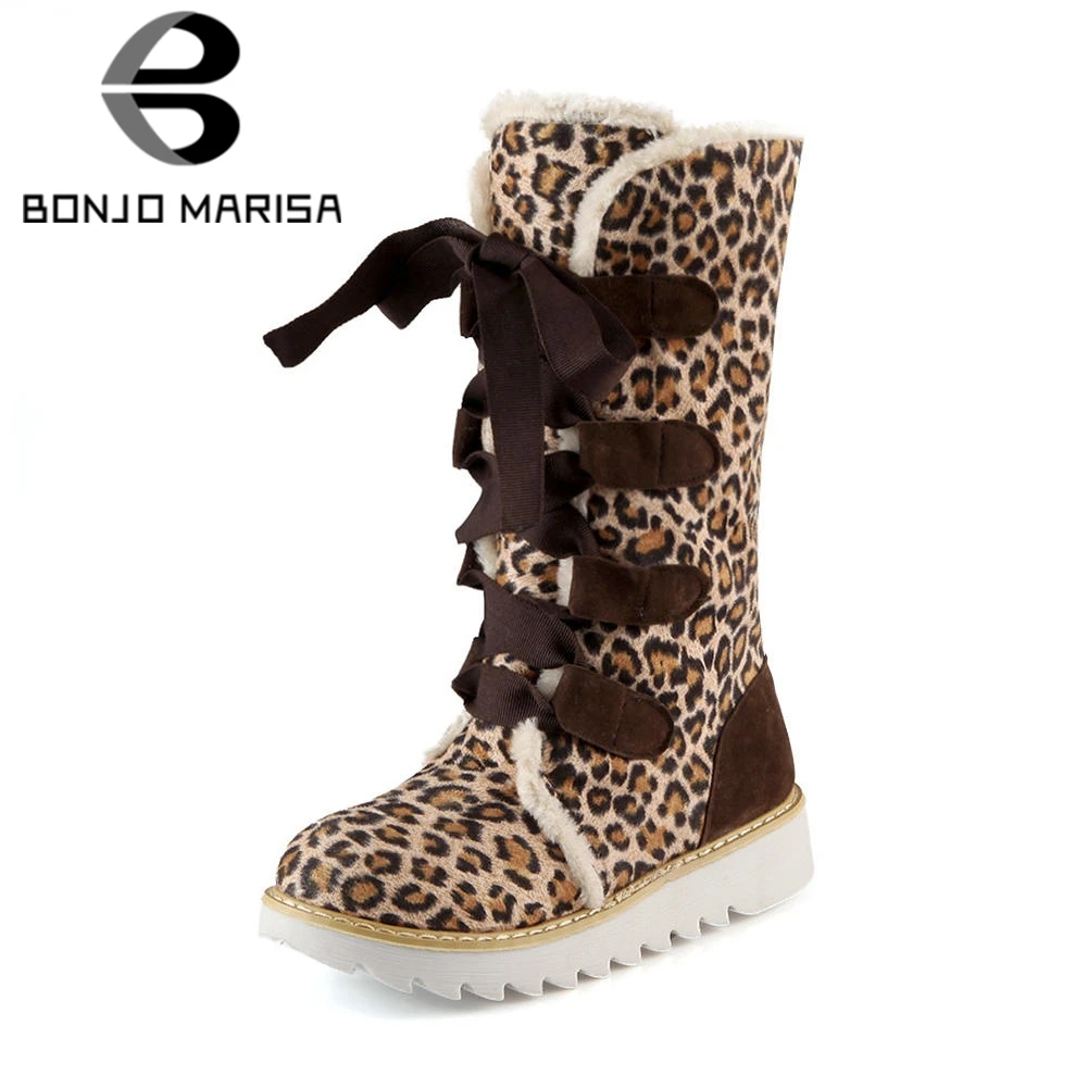 

BONJOMARISA Big Size 34-43 Ladies Fashion Leopard Mid-Calf Snow Boots Women Winter Warm lace-up Fur Boots Platform Shoes Woman