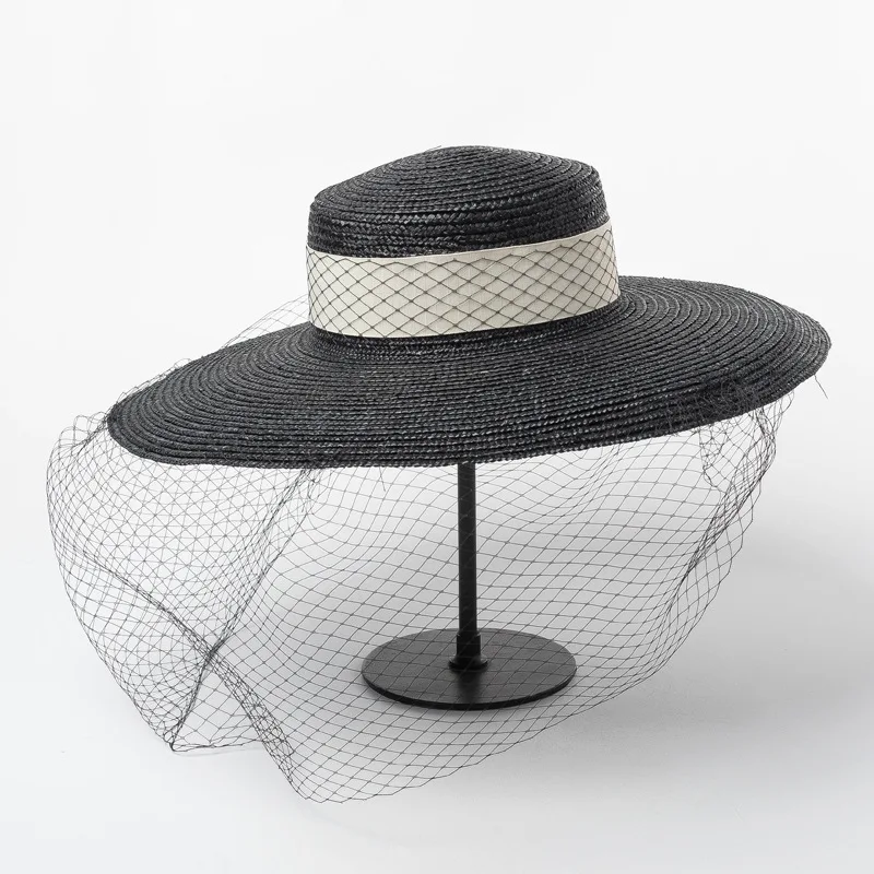 Женская модная черная соломенная шляпа с широкими полями, 15 см, с черным сетчатым верхом, женская летняя пляжная шляпа, элегантная женская большая шляпа