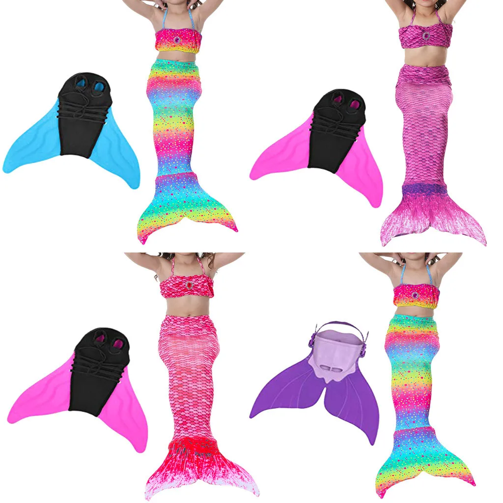 4PCS Girl Kids Mermaid Tail Swimmable Bikini Set Bathing Suit Clothes Web-footed Fashion