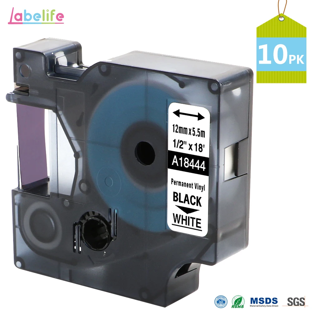 

Labelife 10 Pack 18444 Black/White for DYMO Rhino IND Vinyl Label Rhino 12mm Label Tape Industrial Cartridge for Label Printer