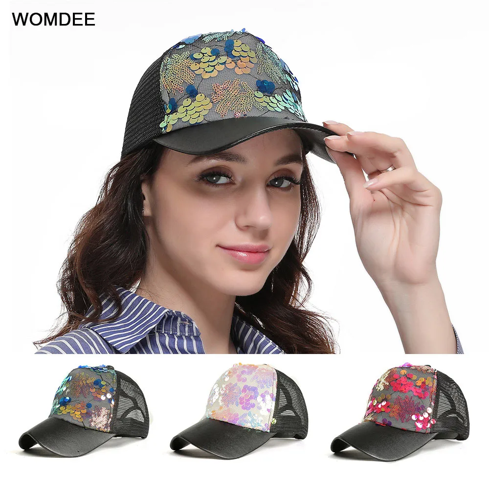 Модные бейсболки женские Многоцветный Snapback сетчатый пропускающий воздух Кепки s Русалка Блестки летняя шляпа женский регулируемая хип-хоп