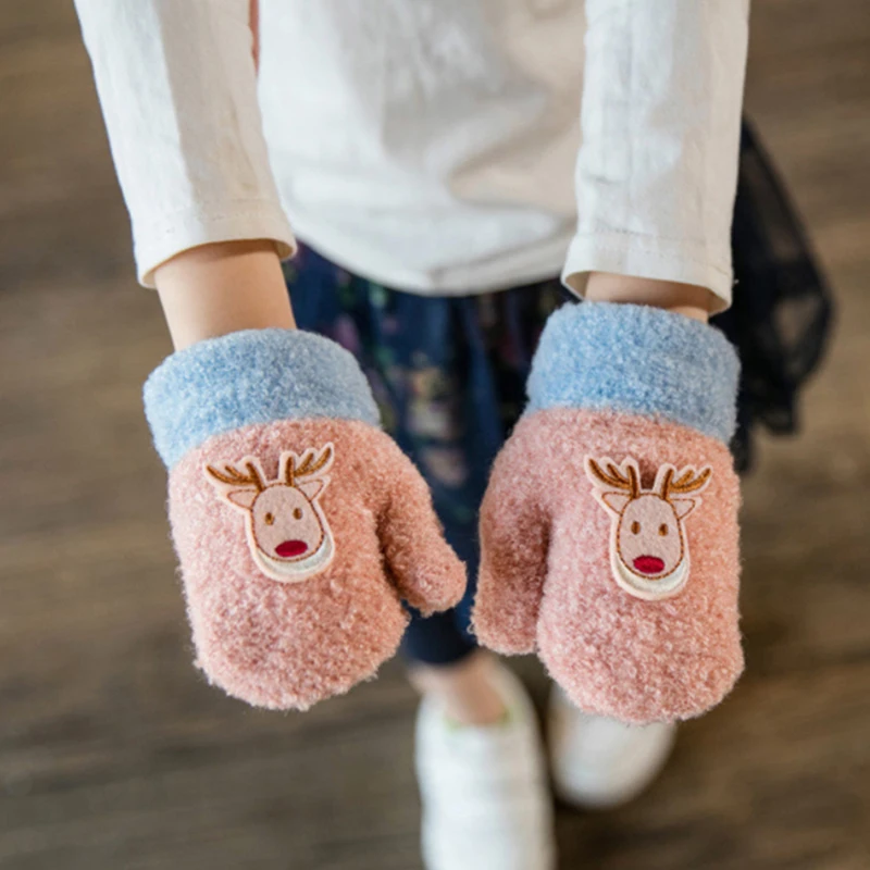 Fashion Children Winter Thick Gloves Cute Warm Winter Knitted Gloves Mittens Cartoon Print Warm Girls Boys Full Finger Gloves