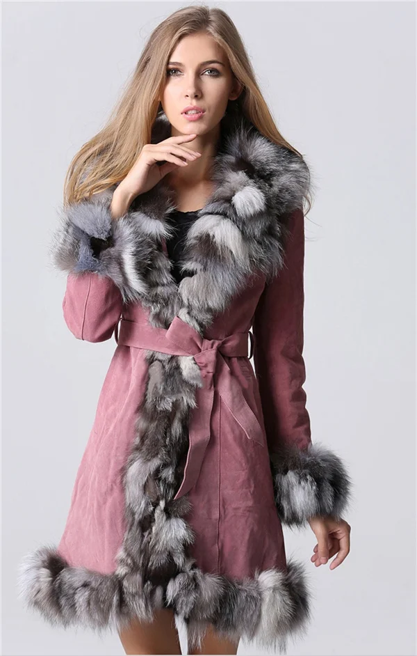 Pink IANLAN, классические зимние пальто из натуральной кожи для женщин, Модная парка из натурального меха с воротником из серебристой лисы и манжетами IL00003 - Цвет: Pink