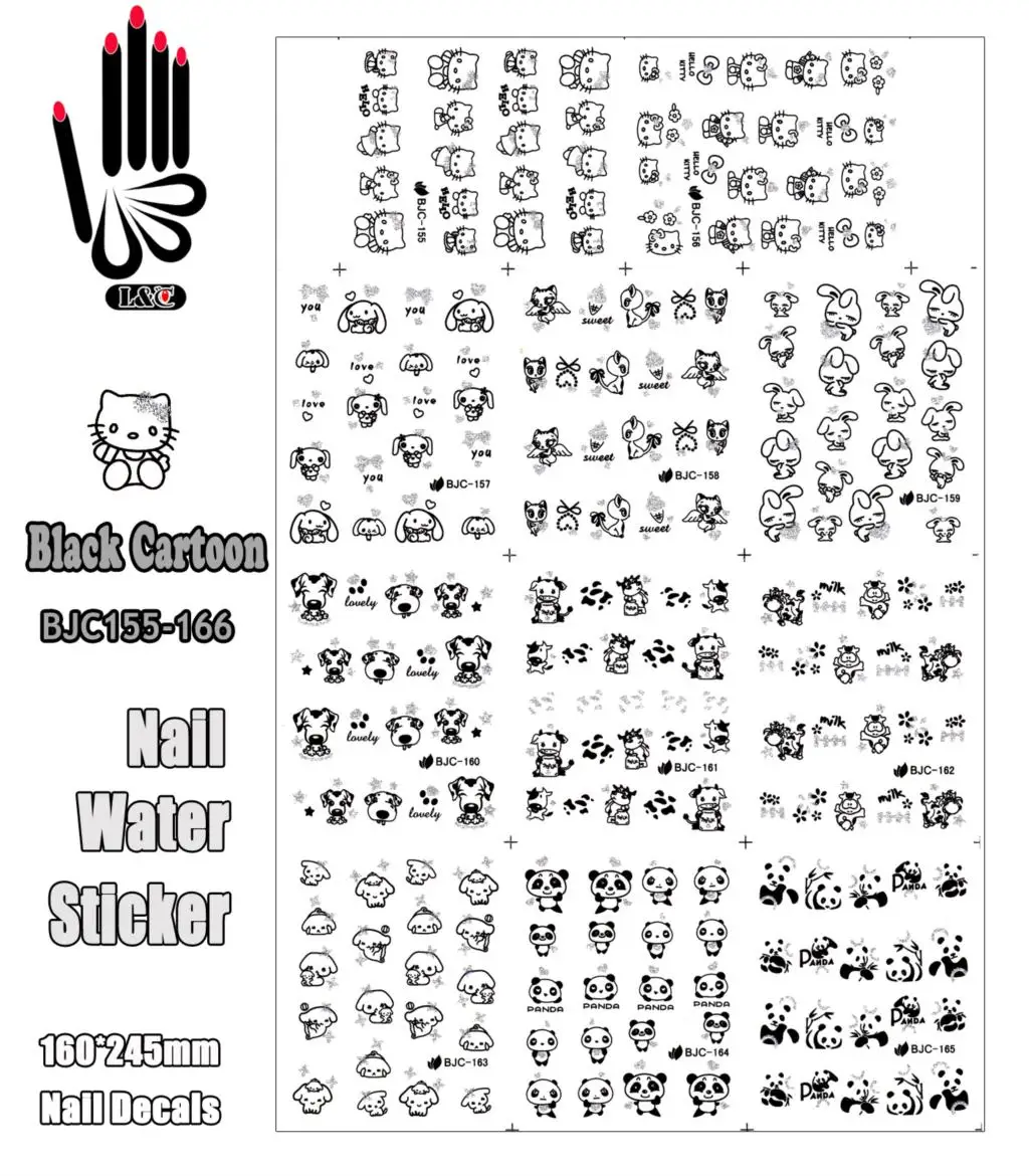 11 листов/партия, BJC155-165 татуировки для ногтей, черный Рисунок hello kitty, мультяшный дизайн ногтей, наклейка на воду для украшения ногтей(11 видов конструкций в 1