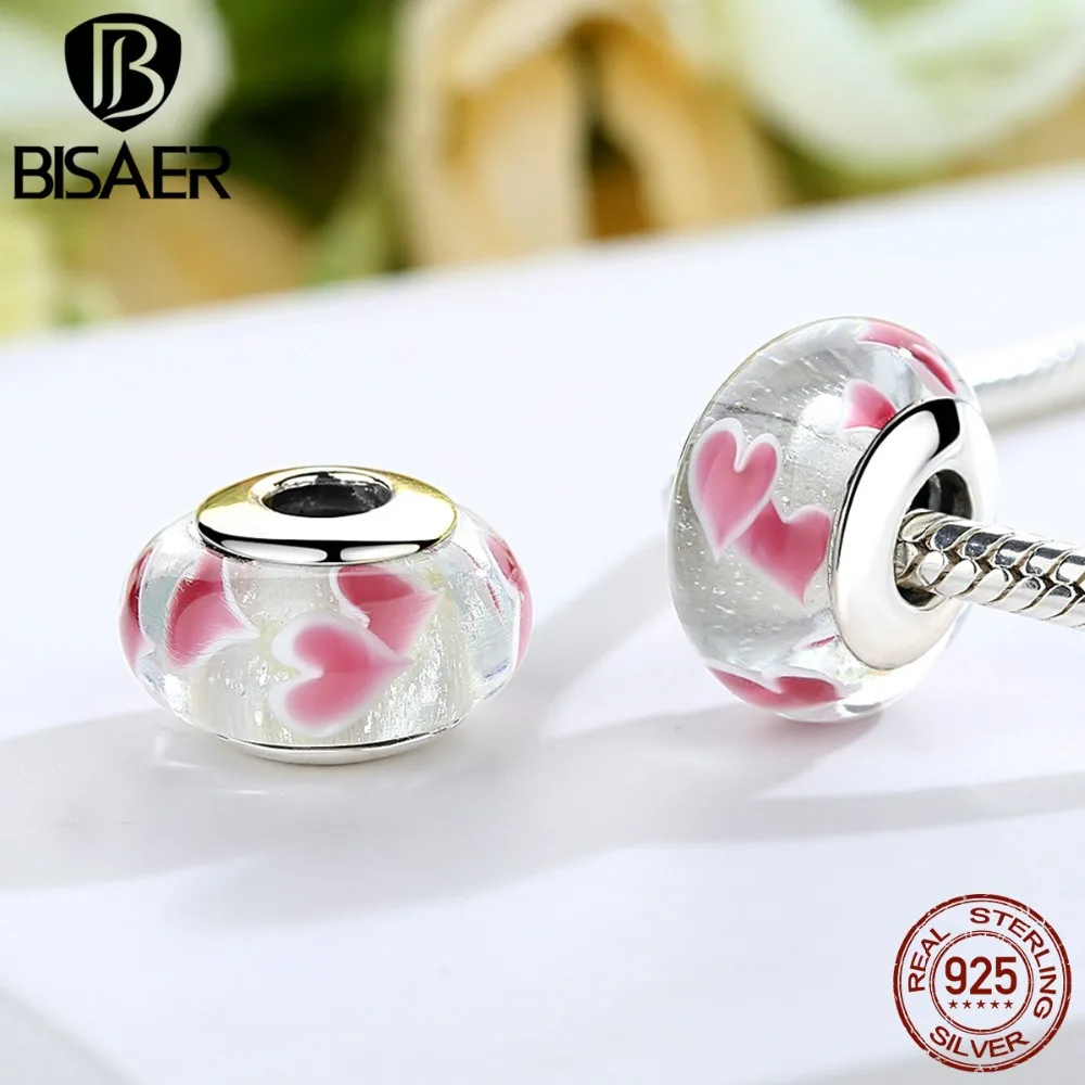 BISAER 925 пробы серебряные европейские; из муранского стекла стеклянные бусы, амулеты подходят для женщин браслет& Браслеты Серебро 925 ювелирных изделий ECZ042