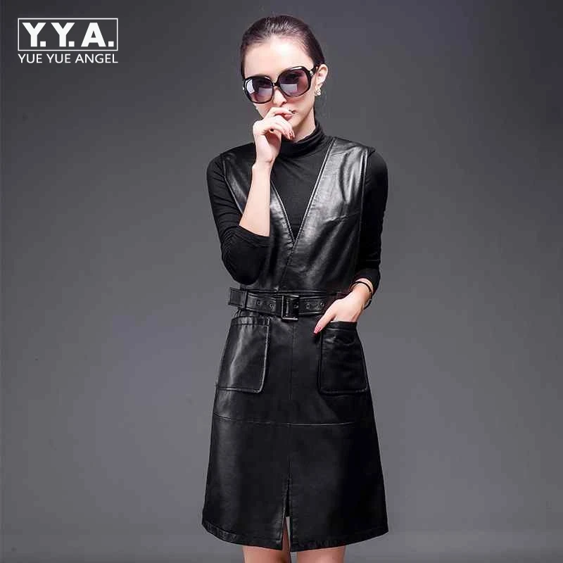 

Strap Dress 2020 New Fashion Genuine Leather Casual Dress Elbise Women Vestido Clothes For Female Robe Femme Plus Size M-4XL