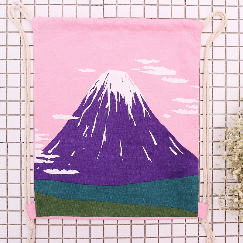 TANGIMP Mount Fuji Печать Drawstring рюкзаки для женщин девочек плеча холщовые пляжные сумки маленькие путешествия ведро хранения розовые сумки