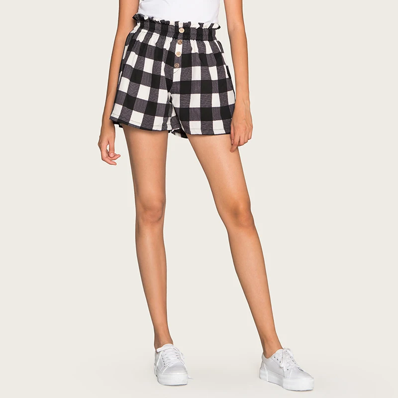 

AcFirst Summer Black Polyester Shorts Women High Waist Shorts Women Short Bottom Formal Plaid Casual Plus Size Ruffle Beach