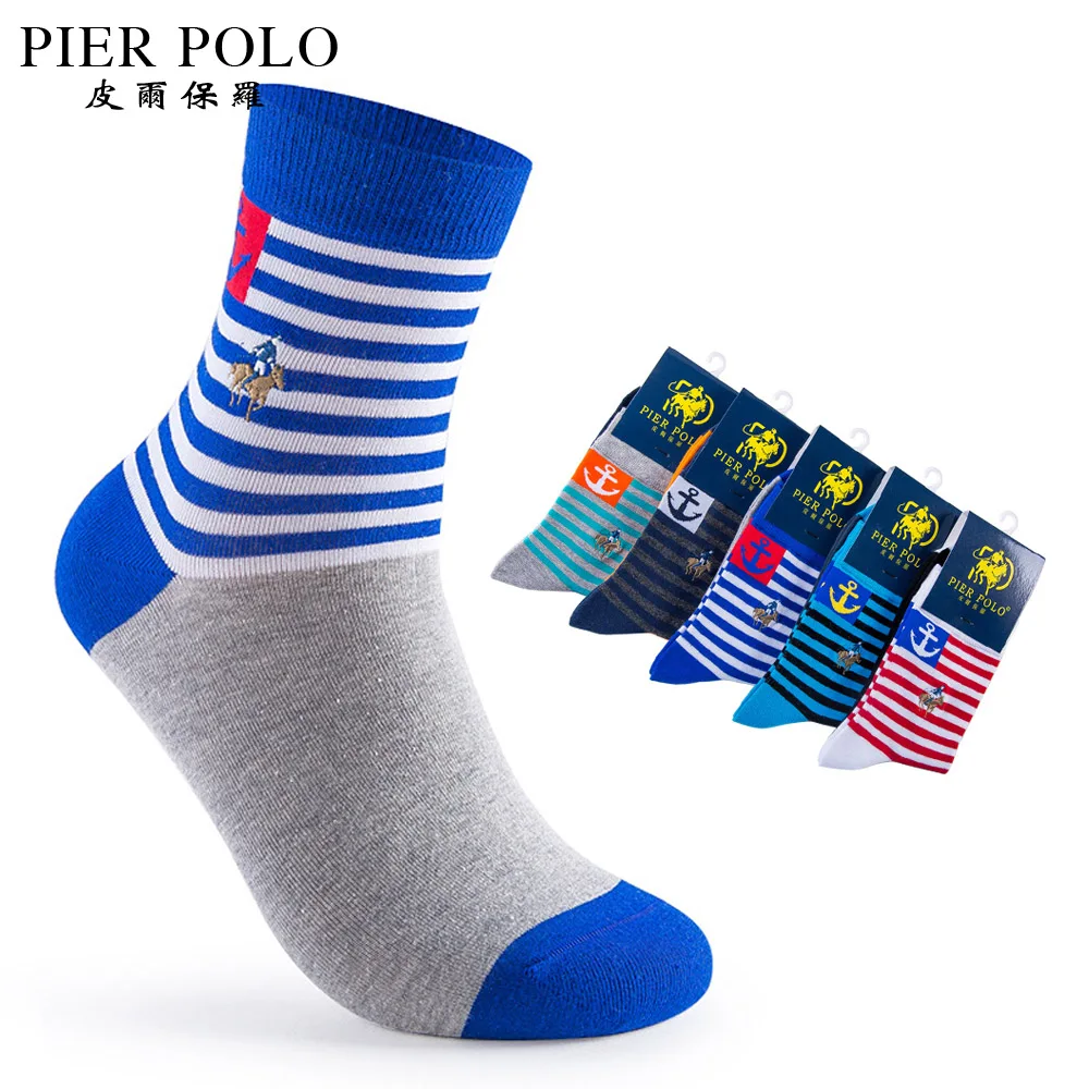 (5 Pairs) Colored Striped Men Socks Casual Anchor Fashion Brand Man