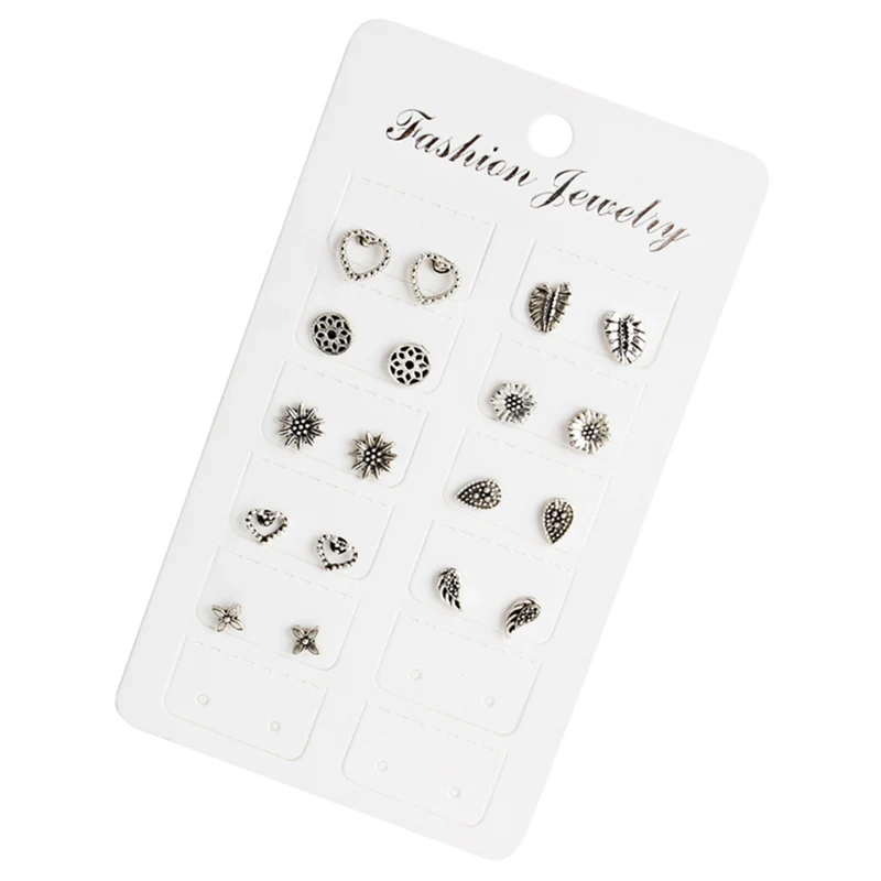 

9 Pairs/Set Fashion Peach Heart Flowers Leaf Drops Wings Earrings Women Hollow Silver Earrings Set Combination Valentines Gift