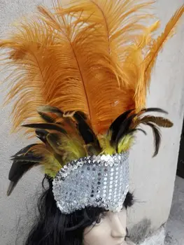 

14INCH TALL Gold burlesque feather Headdress hand made halloween costume feather headpiece headband