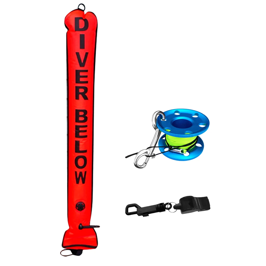 

4FT Scuba Diving SMB Surface Marker Buoy Safety Sausage Tube + Aluminum Alloy Finger Spool Reel Line Bolt Snap + Safety Whistle