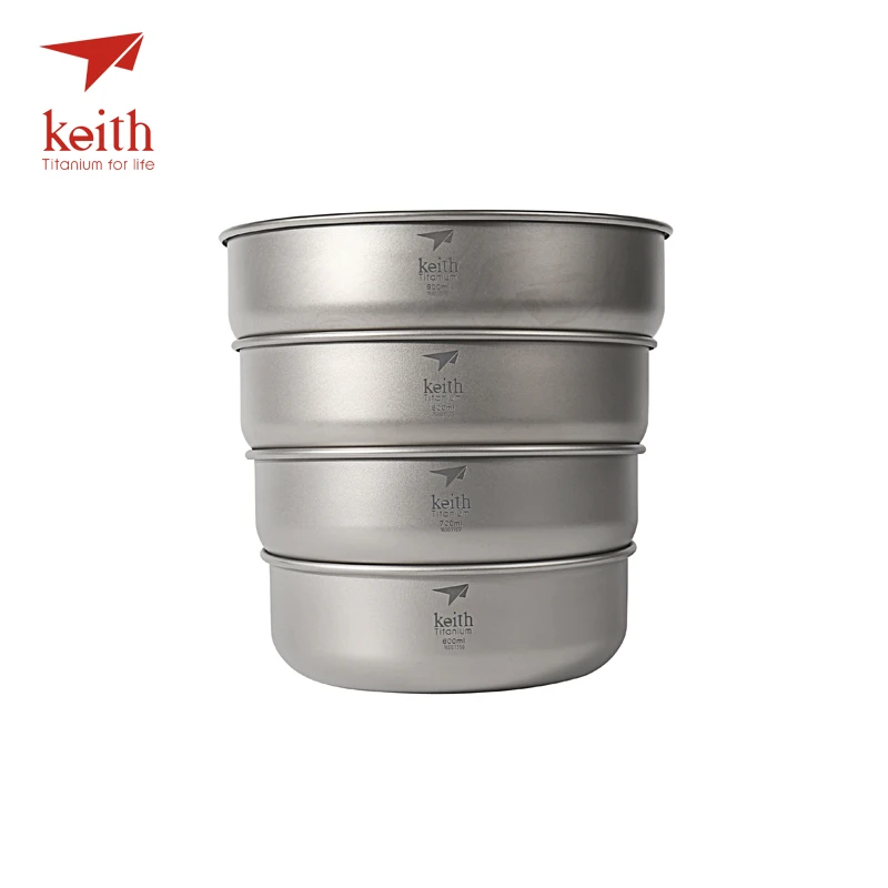 Keith 4 unids en 1 tazón de titanio ultraligero camping Vajilla pared simple titanio puro Boles y cuencos picnic 600 ml- 900 ml Ti5376