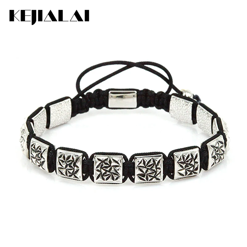 

2017 Men Bracelet Antique Silver Square Beads 10*10mm Macrame Braiding Bracelets with Flower for Women Fashion Jewelry Best Gift