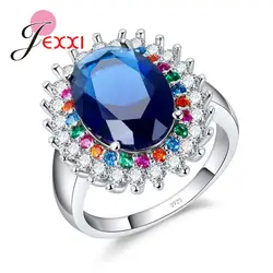 JEXXI свадебные кольца для Для женщин Элегантный синий из австрийского кристалла, кубический циркон Обручение кольцо 925 пробы Серебряные