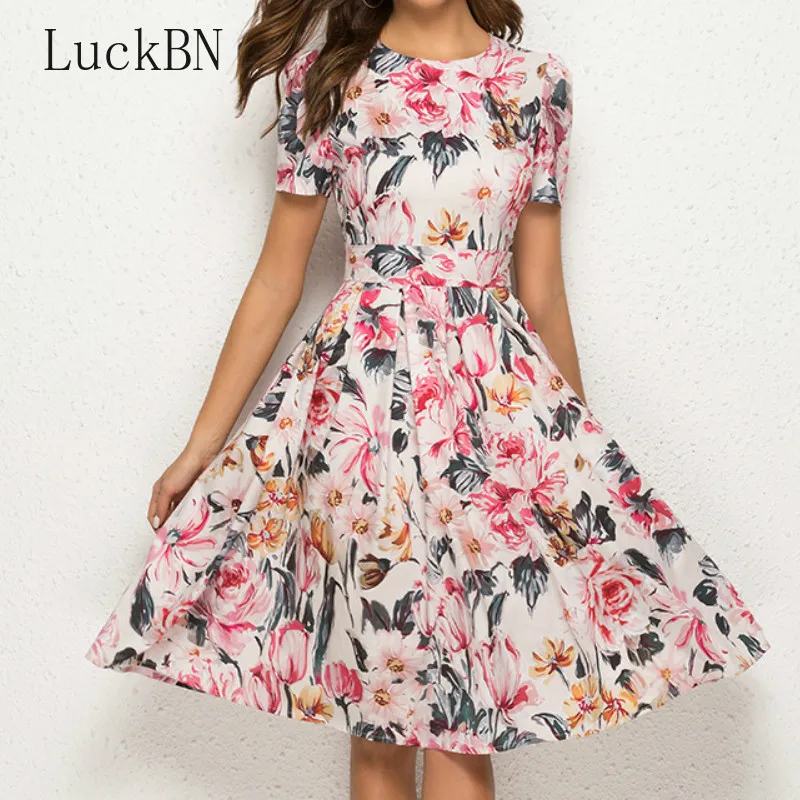 

Fashion Women Floral Print Party Dress Short Sleeve O-Neck Comfortable A-Line Summer Dresses Elegant Vintage Party Club Dress
