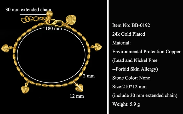MxGxFam(210*12 мм) 24 желтого золота Цвет Сердце Шарм Браслет колокол для женщин сделано из экологически чистого сплава