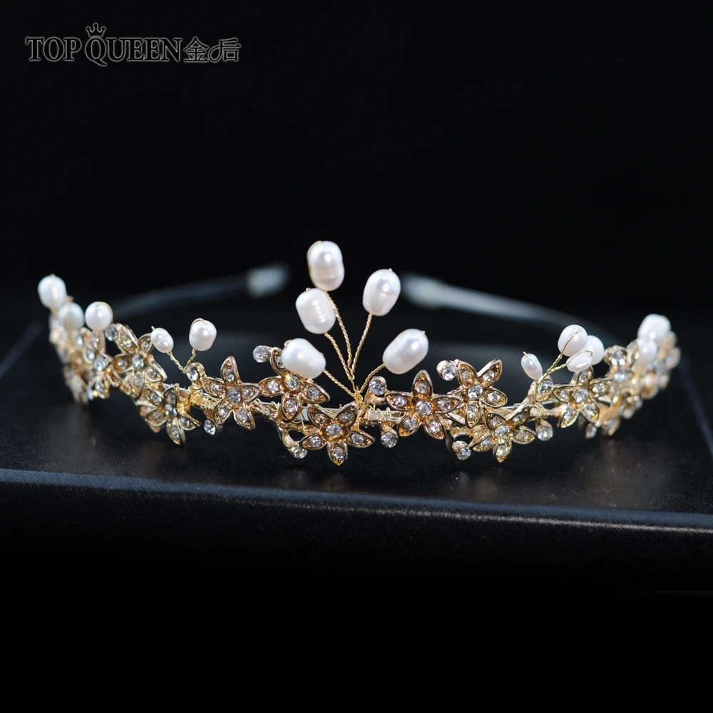 

TOPQUEEN HP163 Bride Wedding Hair Jewelry with True Pearl and Alloy Diamond Flower Tiara Elegant Bridal Crown Accessories