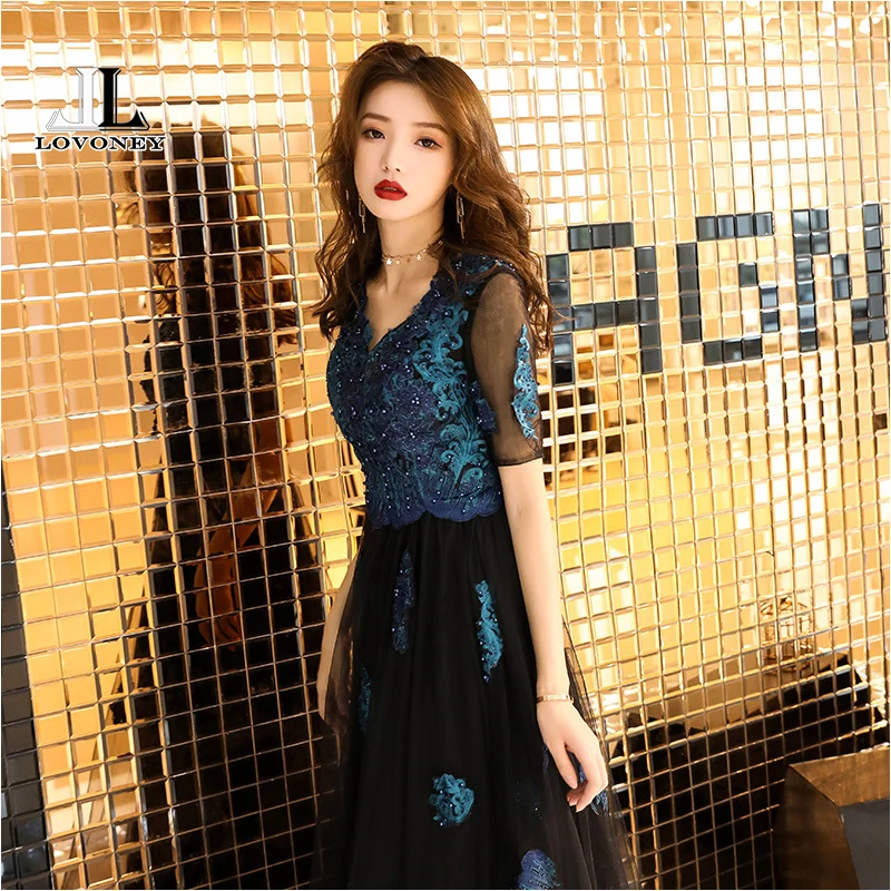 LOVONEY A Line V Neck Appliques Evening Dresses Long 2019 Elegant Woman Occasion Party Dresses Formal Evening Gowns MXN101