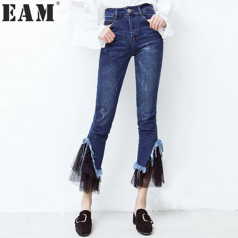 

[EAM] 2017 summer  summer Fashion New  Korean Split Joint Lace Jeans Korean Skinny High Waist Denim Pants Woman T14017S