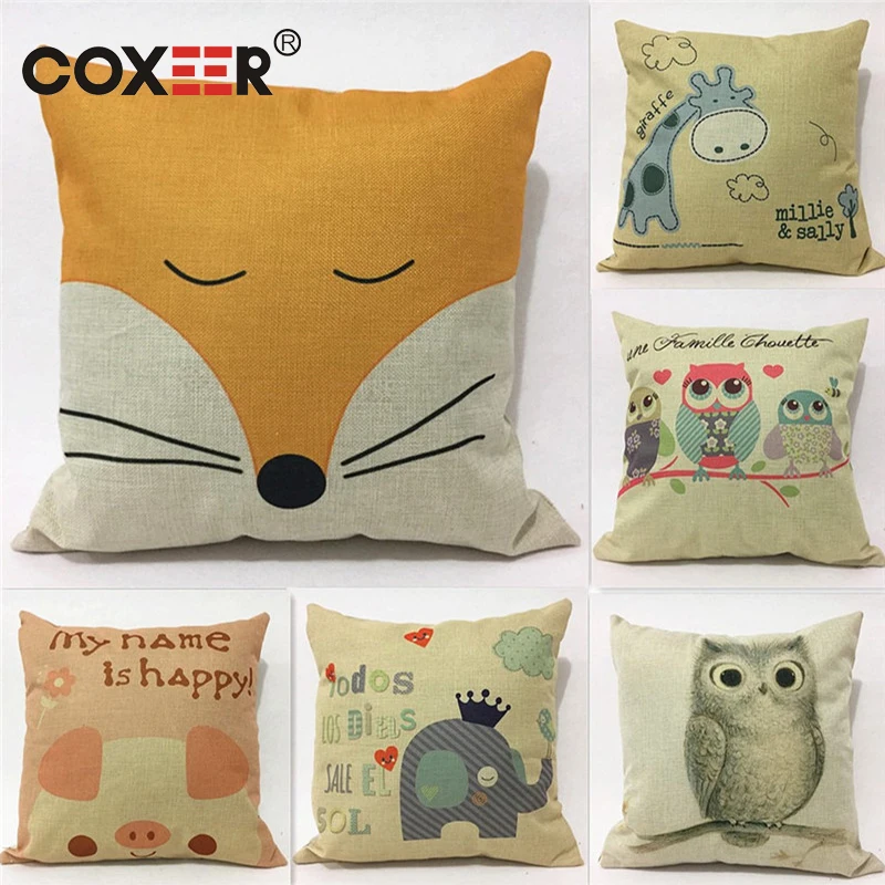 

coxeer New Cute Cartoon Pillowcase Linen Square Cushion Cover Owl Fox Fish Printed Pillow Cover For Sofa Seat Housse De Coussin