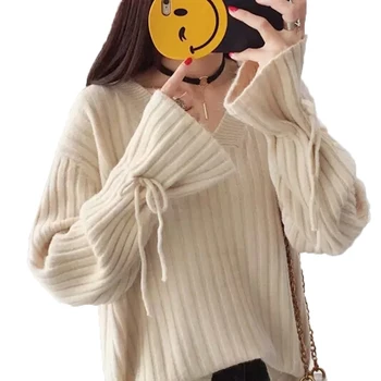 

2017 Spring Autumn New Fashion V-neck Sweater Female Pullovers Loose Long Sleeve Comfortable Ladies Sweaters For Women MA0045
