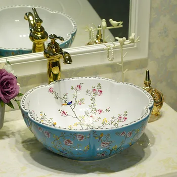 

Bathroom Lavabo Ceramic Counter Top Wash Basin Cloakroom Hand Painted Vessel Sink flower bird pattern bathroom wash basin