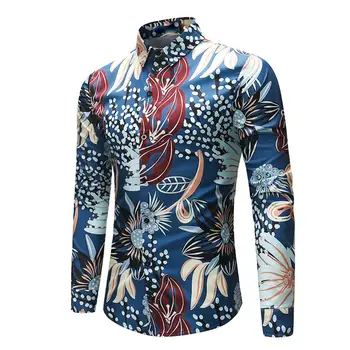

New Hot Fashion Men Slim Fit Flower Print Button Turn Down Collar Long Sleeve Shirt Top