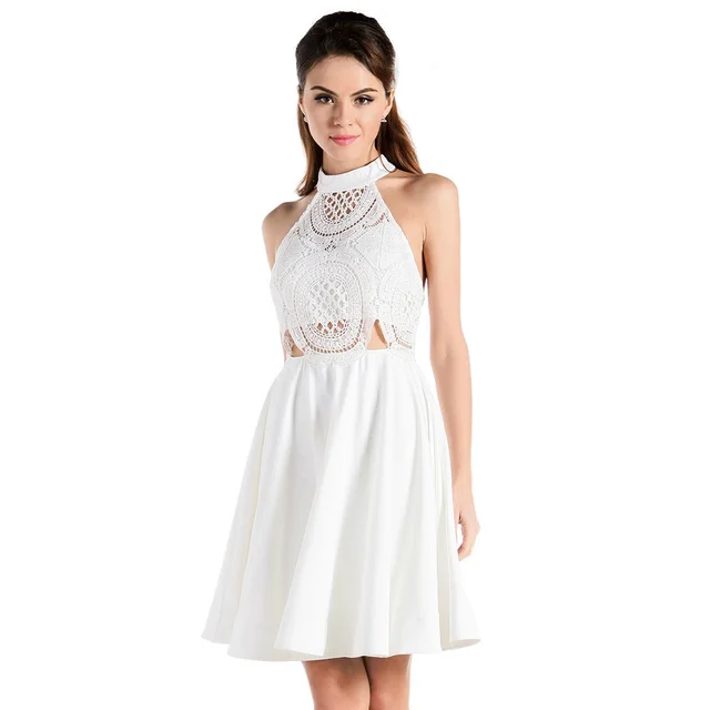 2016 Plain White Party Dress Open Back Sleeveless High Collar Lace ...