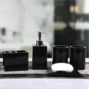 

5 Pcs Resin Bath Accessories Set Lotion Dispenser with Pump+Toothbrush Holder+Soap Dish+2 Tumbler Sets Dropshipping FAS