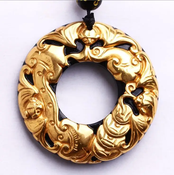 Beautiful Chinese Natural Black Obsidian Carved Gold Color Bat Coin