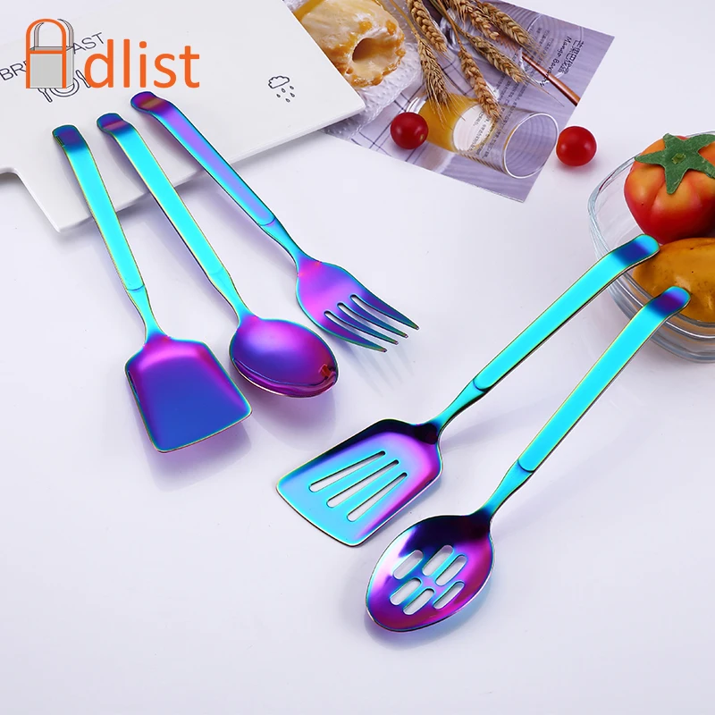 Rainbow Kitchenware set Stainless Steel Cookware Public Buffet Spoon Restaurant Cook Gadget Serving Spoons Fork Turner Colander