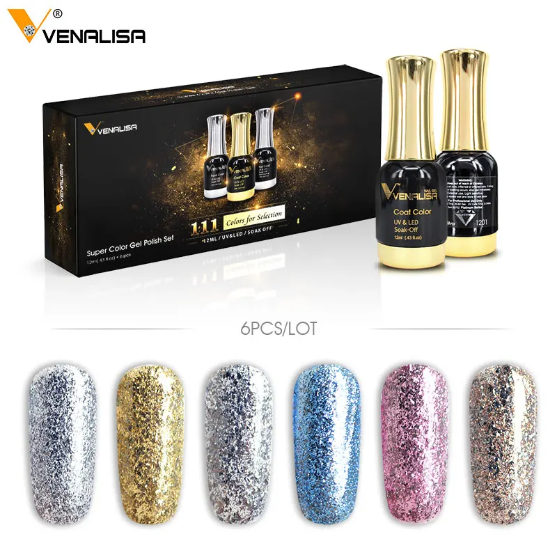 6pcs/lot VENALISA Platinum Nail Gel Polish 12ml Starry Gel Lacquer Nail Art Long Lasting Soak off UV LED Glitter Nail Gel Polish