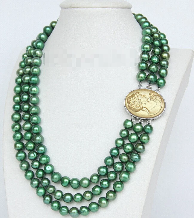 

>>> >>>Genuine 16" 3 Strand 9mm green FW pearls necklace cameo seashell clasp e2151