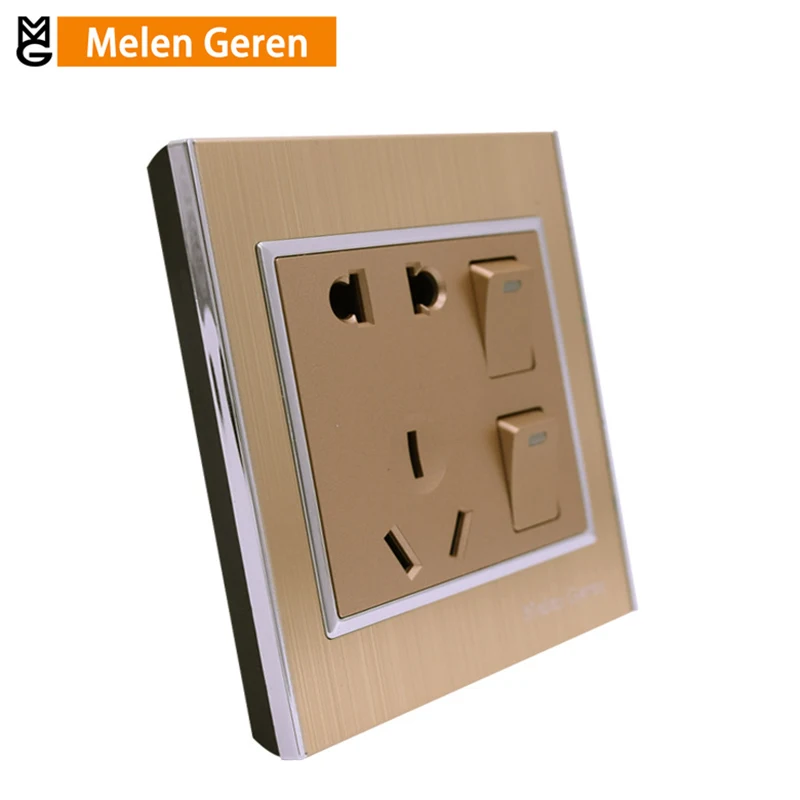 

Multifunction Power Wall Socket Outlet Panel Luxury Brushed Aluminum Alloy 5-Pins 2 Push Button Electric Sockets 10A 86 Type