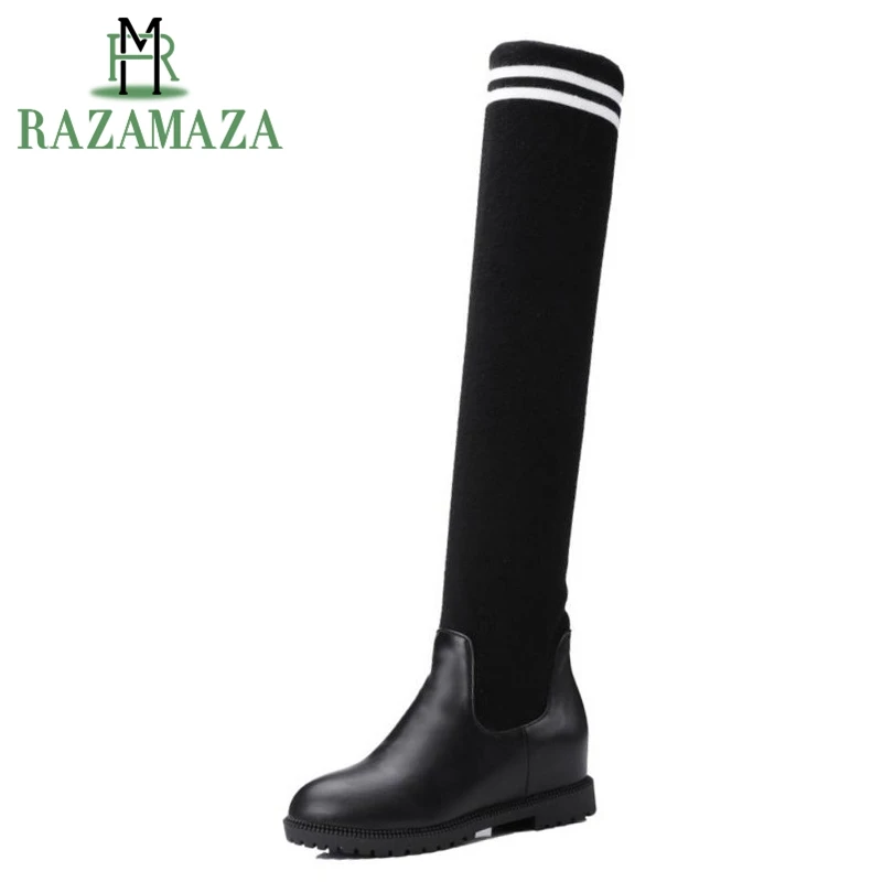 

RAZAMAZA Size 34-45 Women's Boots Fur Winter Woman Shoes Thigh High Stretch Boots Fashion Inside Heel Shoes Ladies Footwear
