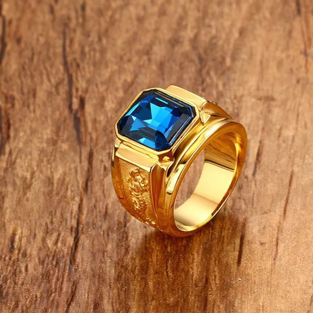 Blue Stone Crystal Ring Mens Rings Gold Color Wedding Rings