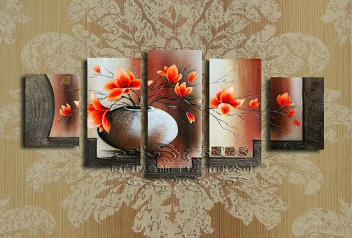 

Free shipping red flower oil painting home decoration for living room wall picture on canvas 5 panel canvas wall art with framed
